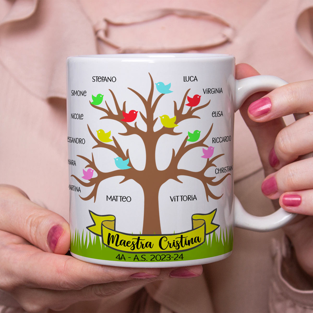 GALZONE Tazza Alta In Gres Con Albero Bianco - 15 Cm, Motivo Nero