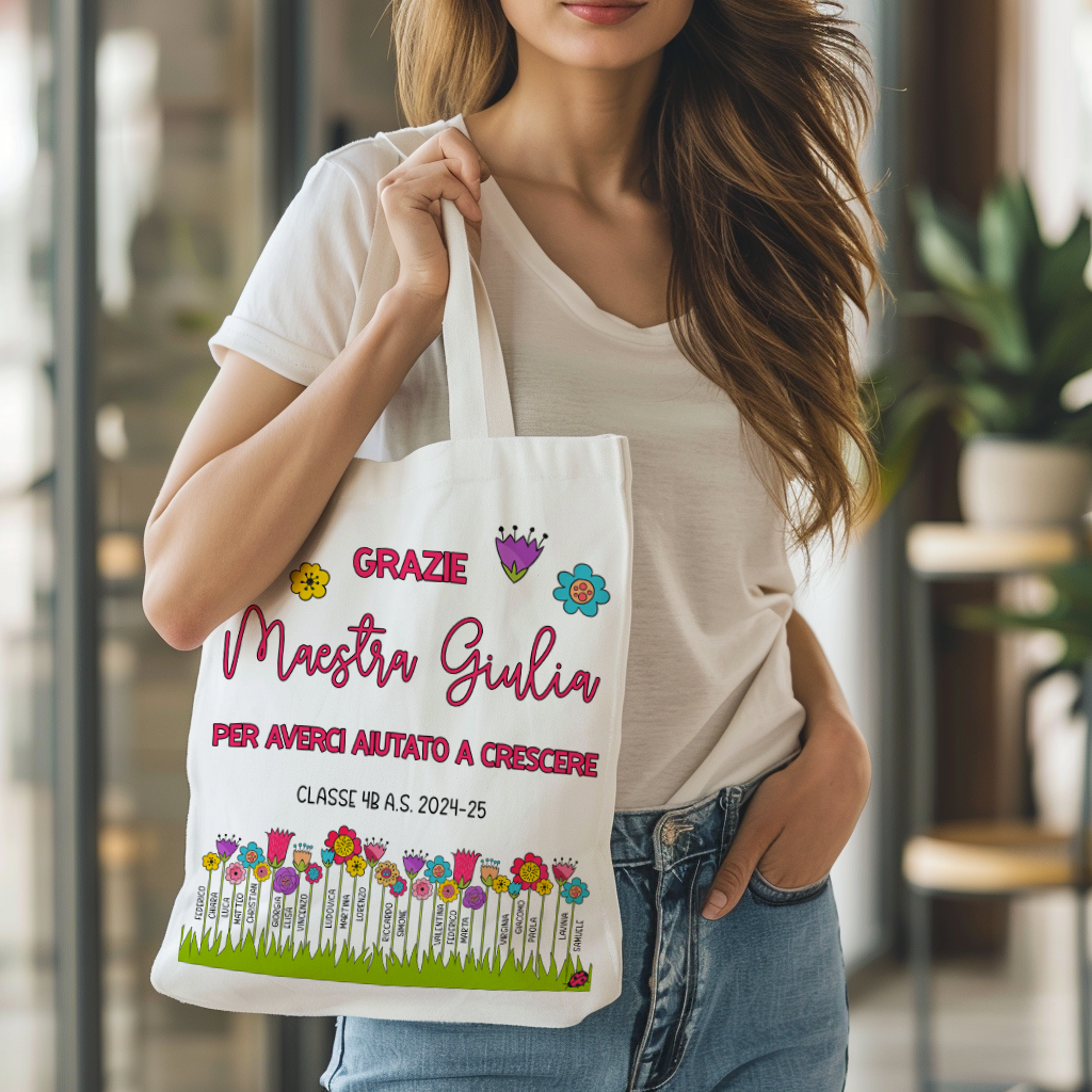 Tote bag maestra prato fiorito con nomi dei bambini