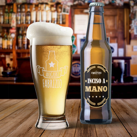 Pinta Birra con incisione a mano testo e decoro