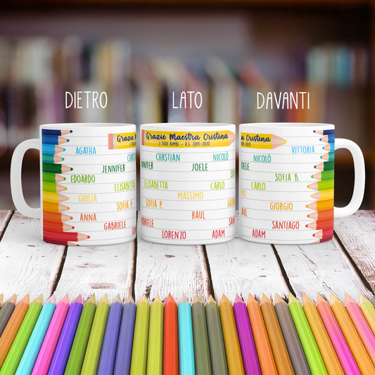 Tazza pastelli maestra con i nomi dei bambini